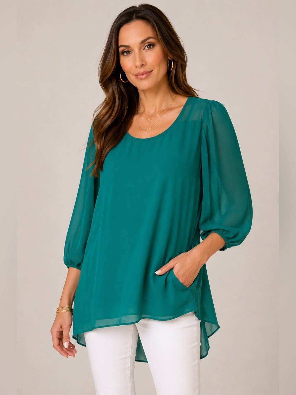 Lily White Emerald Green Sheer Chiffon Tunic Blouse Women’s XL High Low